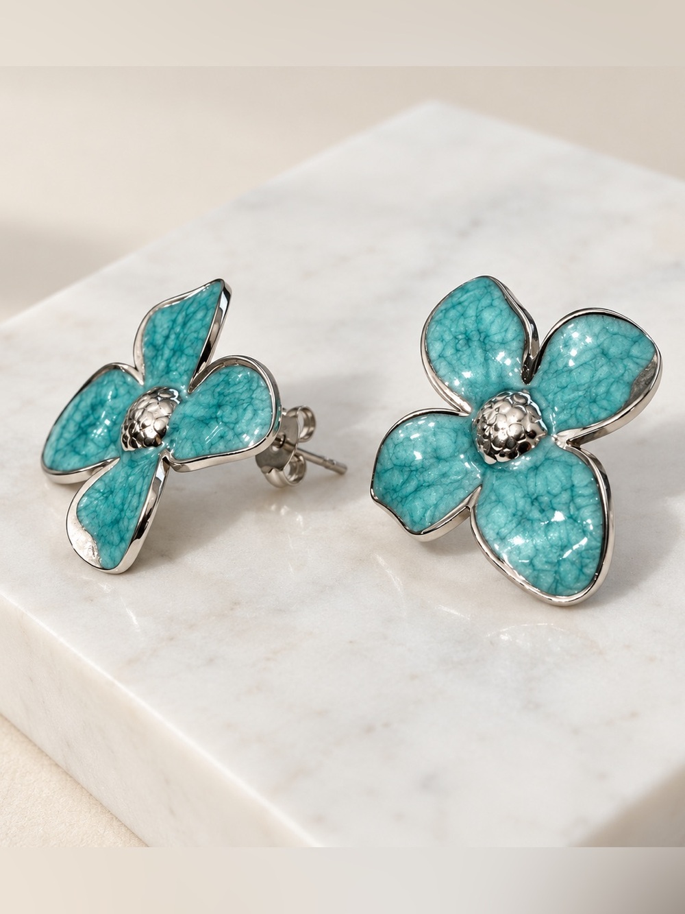 Turquoise Floral Stud Earrings - Stainless Steel
